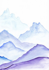 Watercolor painting of vibrant blue asian mountains. Hand drawn oriental style peaceful landscape illustration with layers of rocks. Concept for decoration, relaxation, restore meditation background.