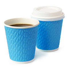 Paper coffee cups isolated on white background. Close up.