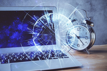 Double exposure of business theme icons and work space with computer background. Concept of success.