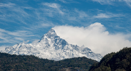 Fototapeta na wymiar Annapurna massif in the Humalayas covered in snow and ice in north-central Nepal Asia