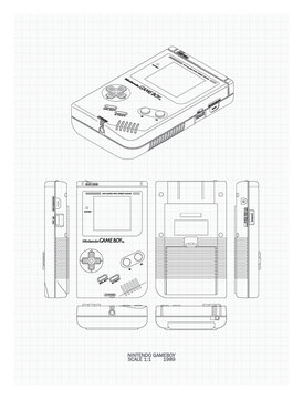 A technical drawing showing isometric and orthographic views of a vintage 1989 Nintendo Gameboy - March 29, 2019 in Bristol, United Kingdom