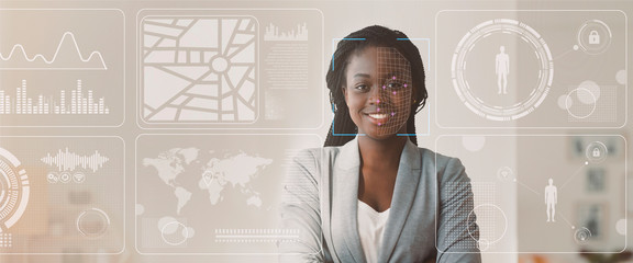 Data of African American businesswoman, double exposure of office with info on virtual display, blank space. Panorama