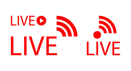 Live streaming logo - red vector design element with play button for news and TV or online broadcasting. Vector illustration.
