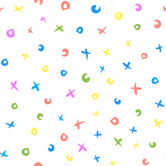 Seamless texture with random colorful circles and plumes drawn by hand. Vector pattern. Cute seamless pattern. Vector illustration.