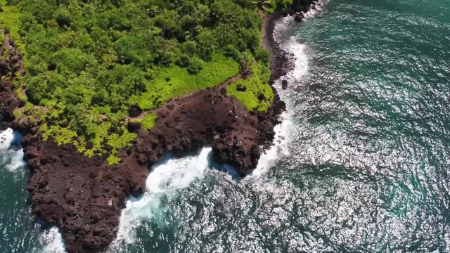 Aerial View, Honokalani Black Sand Beach, Hawaii, Pacific Ocean View, Hana, Maui