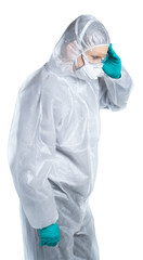 A specialist doctor in a respirator and protective suit was thinking about what is happening in the world of coronavirus disease. Isolated
