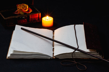 Image of open magic book on the table in the dark room.