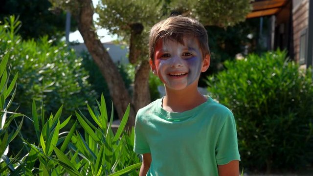 Little cheerful boy is a fan of the French team, with make-up in the form of a French flag