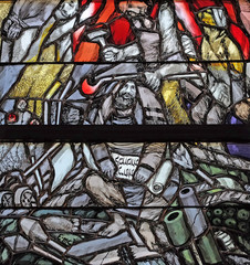 God bears the guilt of all mankind, takes hold of sinners and saves them from death, detail of stained glass window by Sieger Koder in St. John church in Piflas, Germany