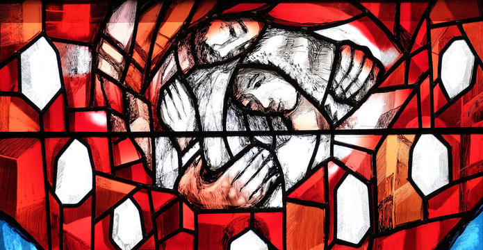 God cares for His own and strengthens them in their life path, detail of stained glass window by Sieger Koder in St. John church in Piflas, Germany