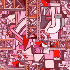 Technical seamless pattern with sketch elements. Vector red background with decorative industrial or machine elements. Hand drawn.