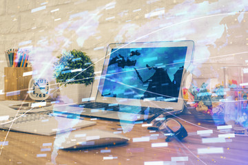 Multi exposure of desktop with personal computer and tech theme drawing. Concept of Bigdata.