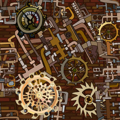 Abstract industrial illustration with fictional gearwheels and details of machines, retro technology or steampunk concept. Hand drawn.