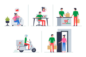 Order food from the supermarket online (by phone), mobile app templates, concept flat design. Courier Delivering Food on scooter