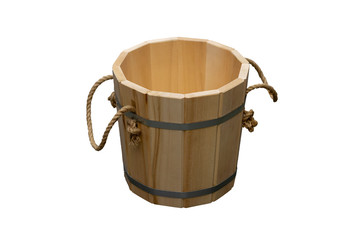 Wooden bucket with rope handles. They're going against a white background. © Николай Глухов
