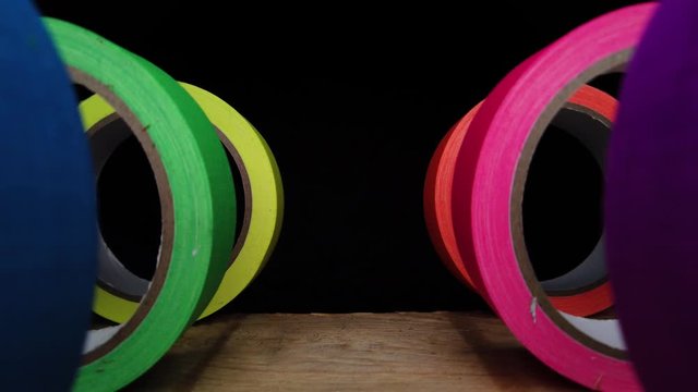Close Up of colorful gaffer tape set. Creativity concept. Dolly out
