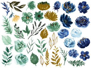 Watercolor illustration Botanical rose teal blue and gold black peony bunch foliage ranunculus wild flower  leaves collection blossom leaves element hand