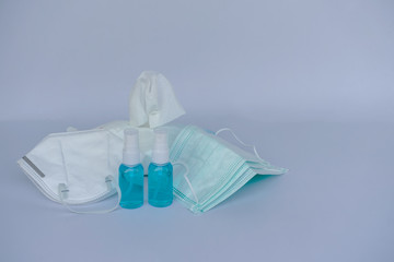 Set of germ protection of Corona virus (Covid-19) with Medical mask alcohol sanitizer gel bottle and wet wipes .Antiseptic,disinfection ,cleanliness and heathcare, anti virus concept.