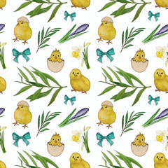 Watercolor Easter pattern.hand drawn seamless texture with flowers