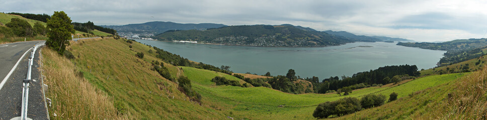 Panoramic view of Dunedin from High Cliff Road on South Island of New Zealand