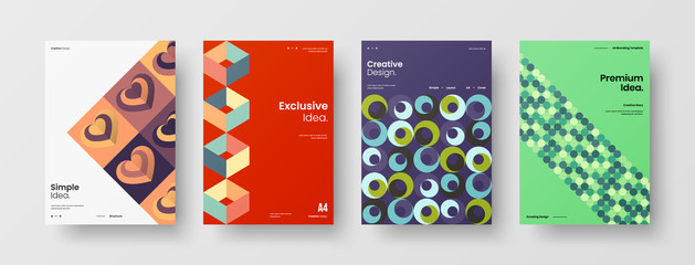 Obraz premium Business presentation vector A4 vertical orientation front page mock up set. Corporate report cover abstract geometric illustration design layout bundle. Company identity brochure template collection.