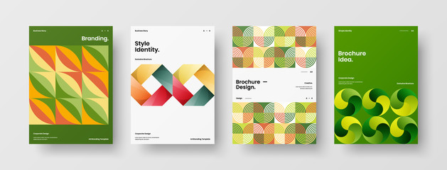 Fototapeta premium Business presentation vector A4 vertical orientation front page mock up set. Corporate report cover abstract geometric illustration design layout bundle. Company identity brochure template collection.