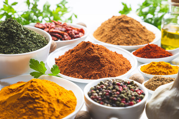 Variety of spices and herbs in white bowls on white background. selective focus. Cooking ingredients and condiments concept.