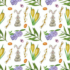 Watercolor Easter pattern. hand drawn seamless texture with rabbits, flowers,