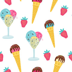 Vector seamless pattern with hand drawn strawberries, ice cream in waffle cones and glass cups on white. Great for fabrics, wrapping papers, covers.