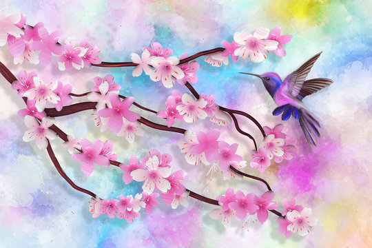 Colorful textural background, flowers branches and a flying  humming bird, spring concept, 3d illustration