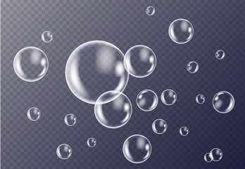 Realistic white water bubbles with reflection on transparent background. Vector illustration