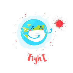 Сartoon earth in a mask is fighting a molecule of coronavirus. Flat style. Vector.