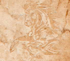 High-quality rock panel tile with beautifully carved of a jumping horse, for wall decoration, 3d illustration. 
