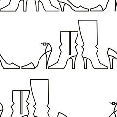 Vector seamless pattern with different models of female footwear. Linear silhouettes , high heels shoes. Minimalism, line art design for textile , wrapping paper, wallpaper ,decor shopping card.
