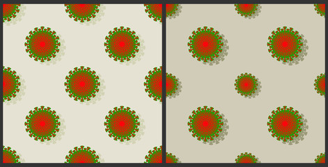 Seamless pattern without a mask. Red-green virus with shadows staggered EPS10