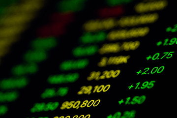 Close up shot on digital screen data value of stock market change and volatility prices profit or loss