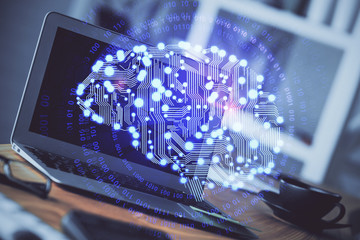 Double exposure of work table with computer and brain sketch hologram. Brainstorming concept.