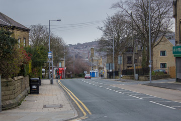 Fototapeta na wymiar Saltaire Road in Shipley is notorious for its nose to tail traffic and high levels of CO2 pollution but the lockdown caused by the Covid19 pandemic has left it almost deserted