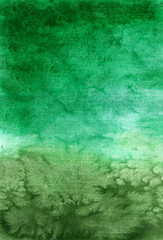 Abstract background, hand drawn texture, watercolor painting, splashes, drops of paint, paint smears. Calm emerald surface with tints of green. Design for backgrounds, wallpapers, packaging.