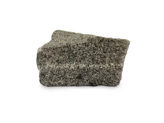 Gray granite stone specimen on white background. Granite is igneous rocks. There is noise and grain caused by the texture of the stone.