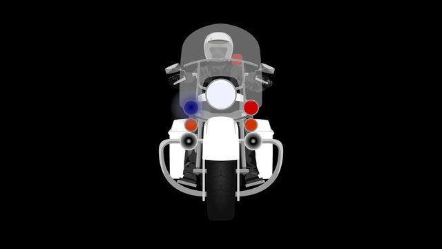 White classic police patrol heavy motorcycle with blinking flash lights riding by police officer front view isolated cartoon style looped animation