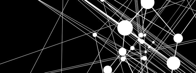 Horizontal banner black-white. Abstract composition of lines and spheres.