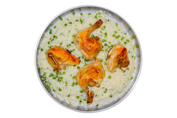 Traditional homemade dish of  rice and peas with chicken meat. isolated on white background.