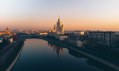 Fototapeta na wymiar High-rise on Kotelnicheskaya Embankment aerial view at dawn.