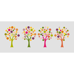 Four isolated colorful seasonal vector trees in pastel colours
