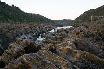Pulo do Lobo waterfall with river guadiana and rock details in Mertola Alentejo, Portugal