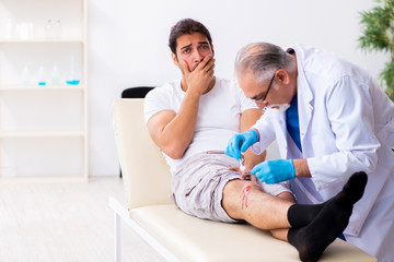 Leg injured man visiting old doctor in first aid concept