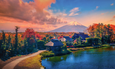 Fototapeta premium The ancient Oshino Hakkai village with Mt. Fuji in Autumn Season at Minamitsuru District, Yamanashi Prefecture, Japan.