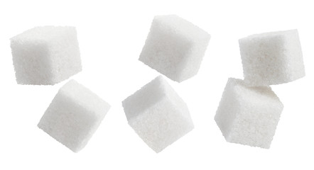 Collection of white sugar cubes, isolated on white background