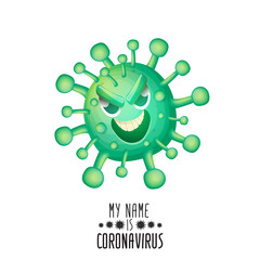 vector covid-19 virus novel coronavirus 2019-nCoV cartoon character isolated on white background. My name is coronavirus concept iilustration. Green virus cell microbe icon.